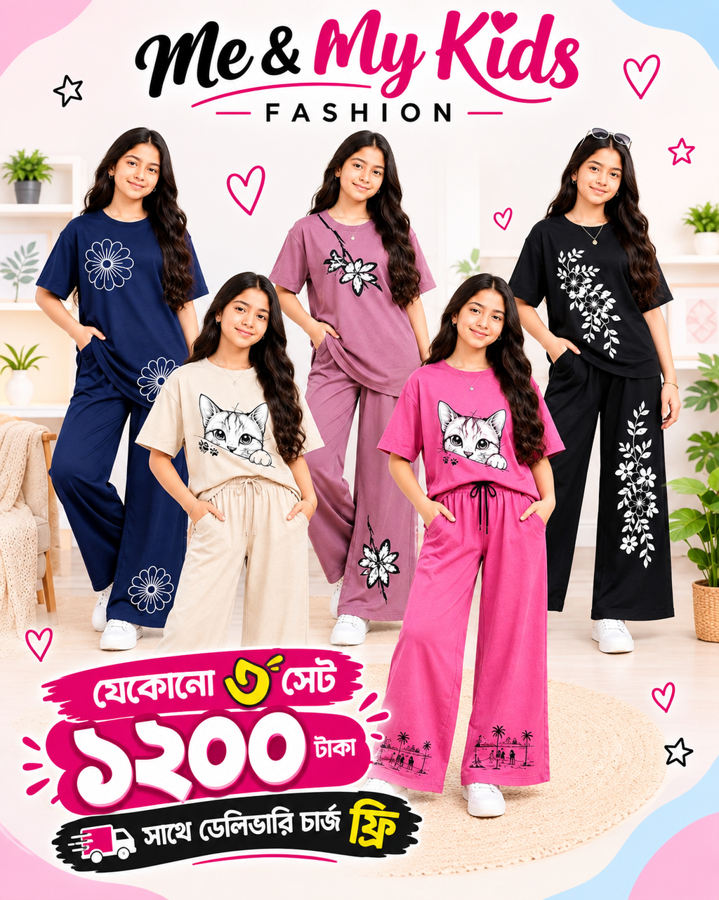 3 set Combo,, Girls T-Shart + plazu set,,,৬ বছর থেকে ১৮  বছর পর্যন্ত হবে